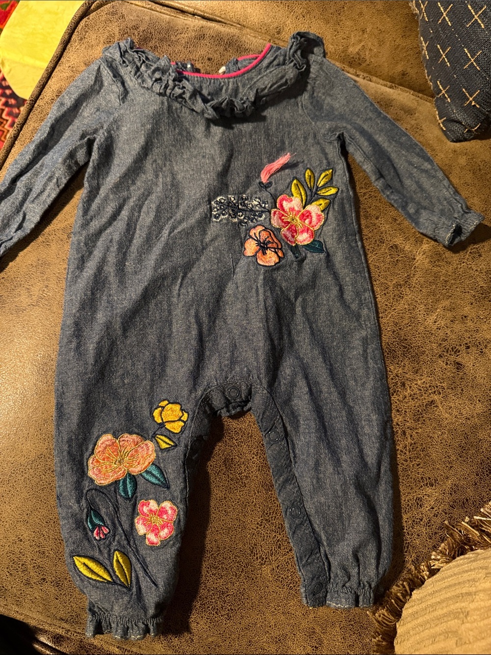 Mud Pie Denim Blue Floral Embroidered Baby Romper